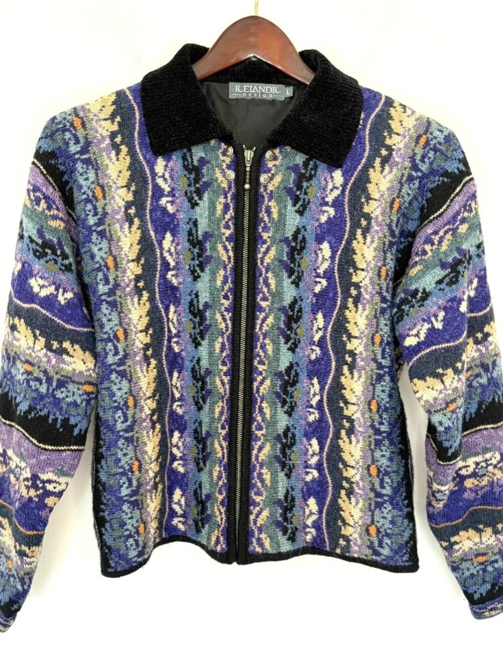 Vintage 1990s Icelandic Design Atlandia Wool Cardigan L Zip Up Chenille Collar